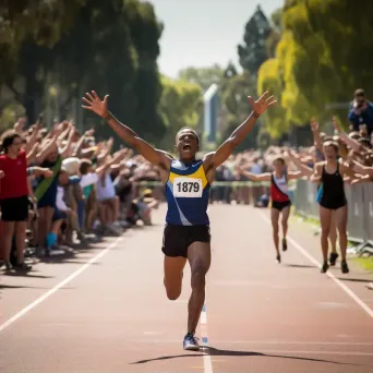 Sprinter crossing the finish line in victory with a cheering crowd. - Image 2