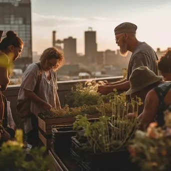 Community gardening on urban rooftops with city skyline in the background - Image 1