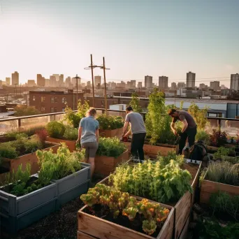 Community gardening on urban rooftops with city skyline in the background - Image 2