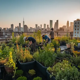 Community gardening on urban rooftops with city skyline in the background - Image 3