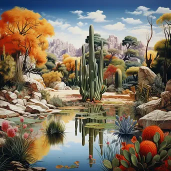 Reflection of lush garden turning into barren desert in a pond - Image 1