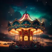 Colorful carousel in old-fashioned amusement park at twilight - Image 2