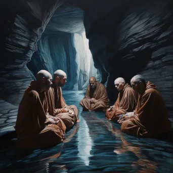 Group of monks meditating in luminous cave - Image 1