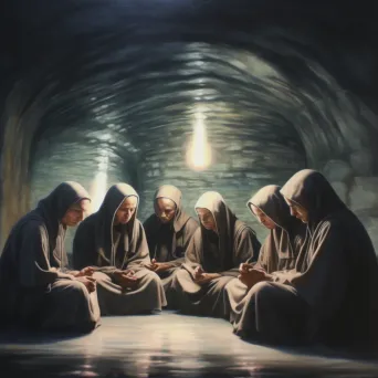 Group of monks meditating in luminous cave - Image 2