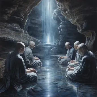 Group of monks meditating in luminous cave - Image 3