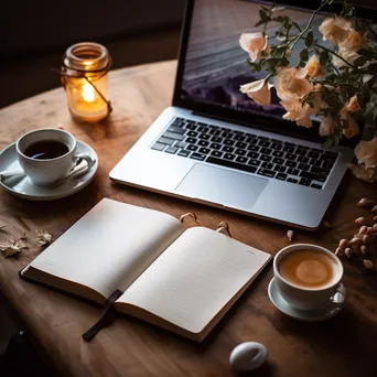 Flat lay of a laptop, notepad, and coffee in a cozy workspace with natural light. - Image 4