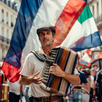 Bastille Day celebration with French flags and street performers - Image 1