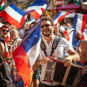 Bastille Day celebration with French flags and street performers - Image 3