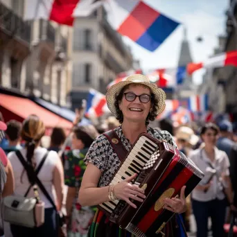 Bastille Day celebration with French flags and street performers - Image 4