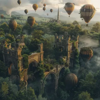 Hot air balloons floating over an ancient castle ruin in green surroundings - Image 1