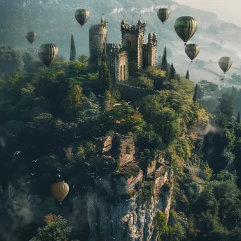 Hot air balloons floating over an ancient castle ruin in green surroundings - Image 2