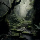 Ancient stone pathway disappearing into misty forest - Image 1