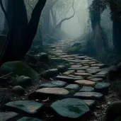 Ancient stone pathway disappearing into misty forest - Image 3