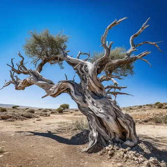 Weathered olive tree against a clear blue sky - Image 1