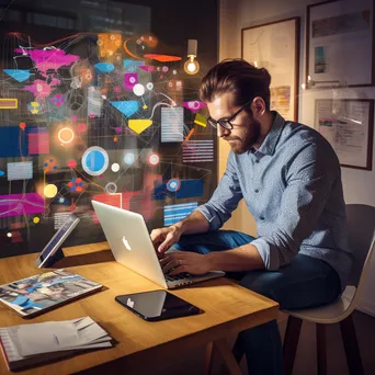 Digital marketer analyzing code on a laptop with branding materials present. - Image 4