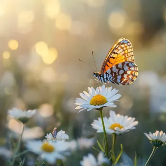 Butterfly on a daisy in a sunlit flower garden. - Image 2