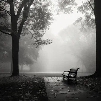 Black and white lonely park bench in misty park - Image 2