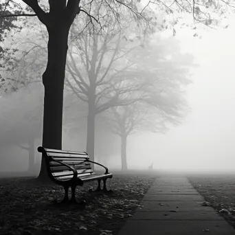 Black and white lonely park bench in misty park - Image 3