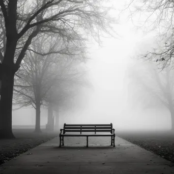 Black and white lonely park bench in misty park - Image 4