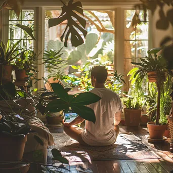 Man doing yoga in a sunlit room with a tablet showing a fitness app - Image 1