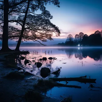 Misty lakeside scene at twilight - Image 2