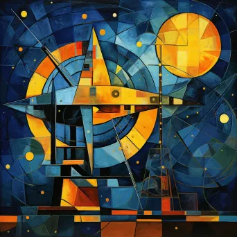 Cubist interpretation of an astrolabe navigation instrument against a starry sky - Image 4