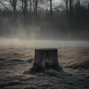 Ancient tree stump in a foggy woodland with soft light - Image 1