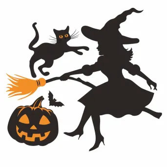 Witch flying on broomstick, black cat, spooky pumpkin Halloween logo - Image 2