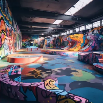 Urban skatepark with skaters performing tricks and colorful graffiti art - Image 4