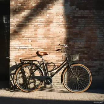 Black and white vintage bicycle against brick wall with shadows - Image 1