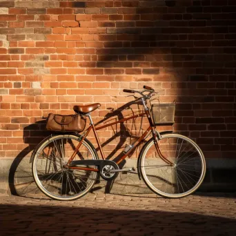 Black and white vintage bicycle against brick wall with shadows - Image 4