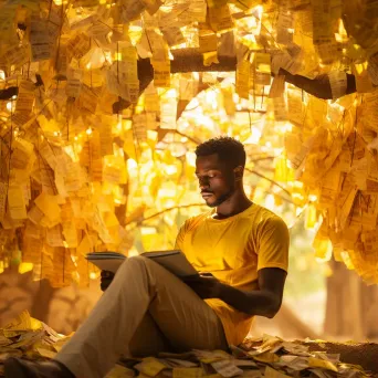 Image of man reading book under tree with sunlight - Image 1