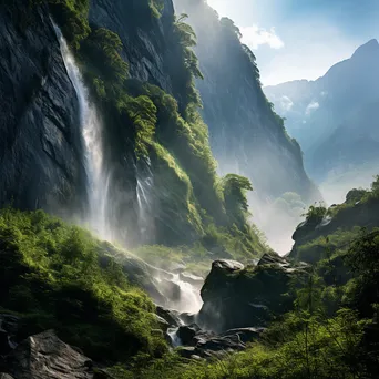 High-altitude waterfall flowing down rocky cliffs amid lush vegetation - Image 2