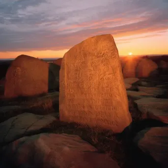 Image of ancient stone tablets with engraved prophecies under the light of a setting sun - Image 3