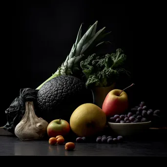 Still life arrangement of fruit in black and white high contrast - Image 4