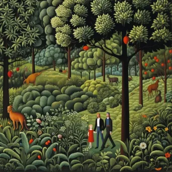 Image showing Adam and Eve in a lush garden with abundant wildlife - Image 1