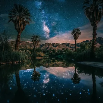 Serene desert oasis reflecting stars with palm trees at night. - Image 1