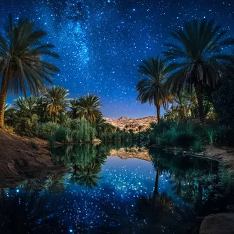 Serene desert oasis reflecting stars with palm trees at night. - Image 3