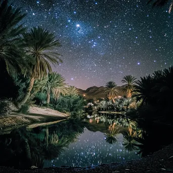 Serene desert oasis reflecting stars with palm trees at night. - Image 4