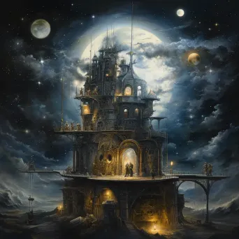 Oil painted steampunk-style cosmic observatory against the backdrop of a starry nebula - Image 1