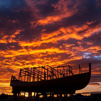 Silhouette of a wooden boat under construction at sunset - Image 1