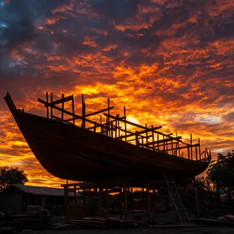 Silhouette of a wooden boat under construction at sunset - Image 3