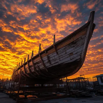 Silhouette of a wooden boat under construction at sunset - Image 4