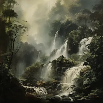 Lush forest waterfall sketched using crushed rock dust, giving off Romanticism vibes - Image 1