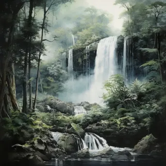 Lush forest waterfall sketched using crushed rock dust, giving off Romanticism vibes - Image 3