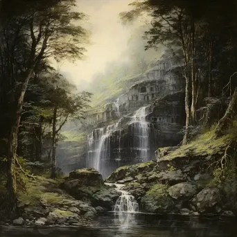 Lush forest waterfall sketched using crushed rock dust, giving off Romanticism vibes - Image 4