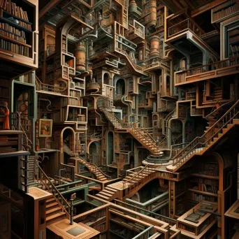 Colorful labyrinthine library with towering bookshelves containing hidden clues - Image 4