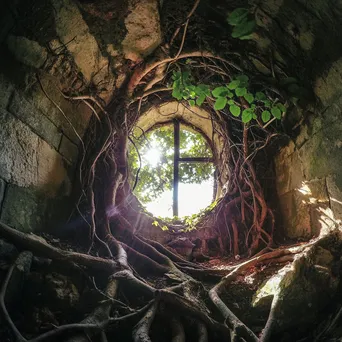 Abandoned root cellar with vines and sunlight. - Image 1