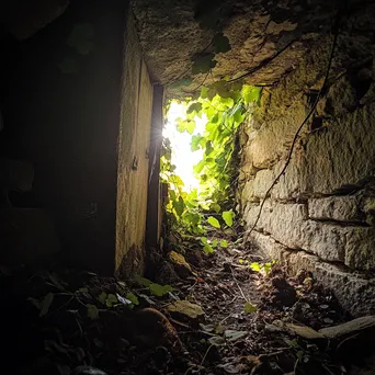 Abandoned root cellar with vines and sunlight. - Image 3