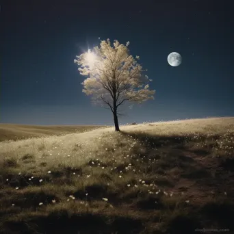 Moonlit meadow with lone tree under full moon - Image 4